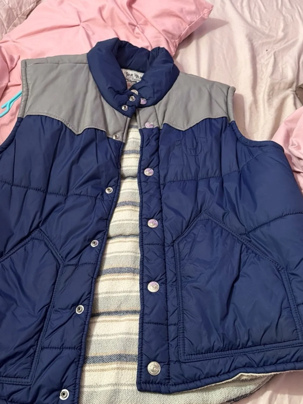True Religion Navy Puffer with Gray Hood Trim
